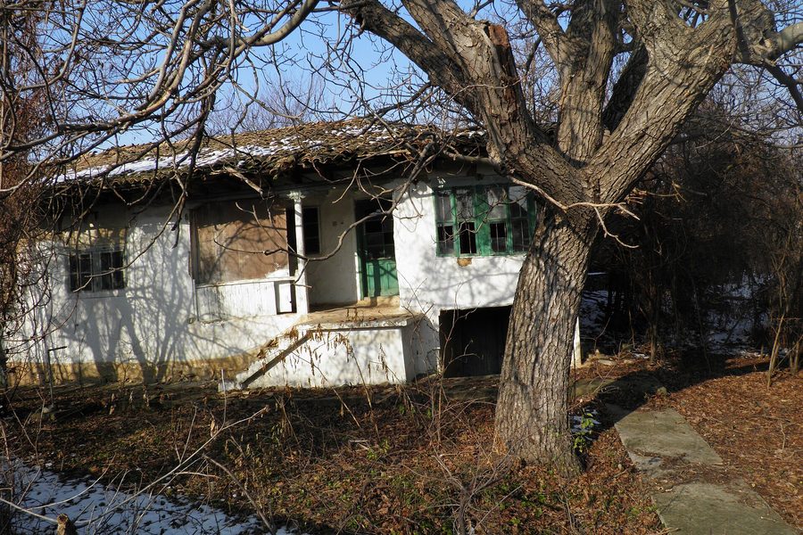 Стара селска къща с дърво пред нея в българско село